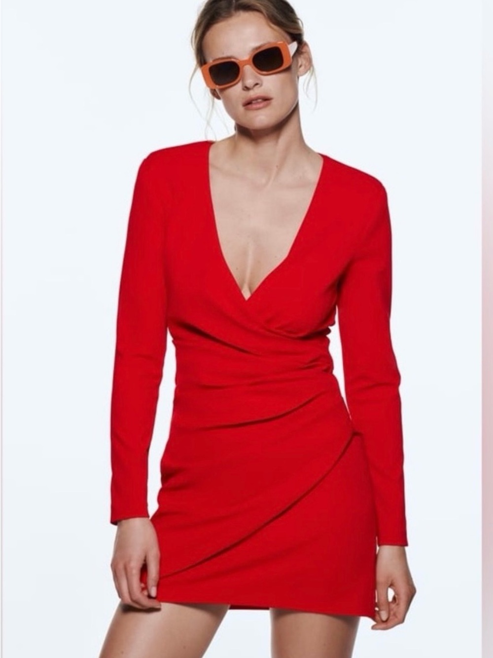 Zara Red Long-Sleeve Wrap-Style Mini Dress